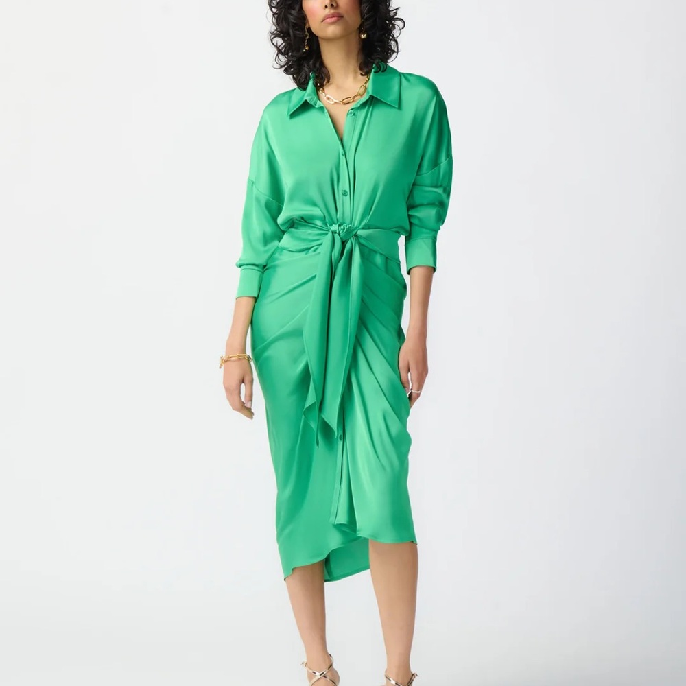 Joseph Ribkoff Island Green Satin Tie-Waist Dress